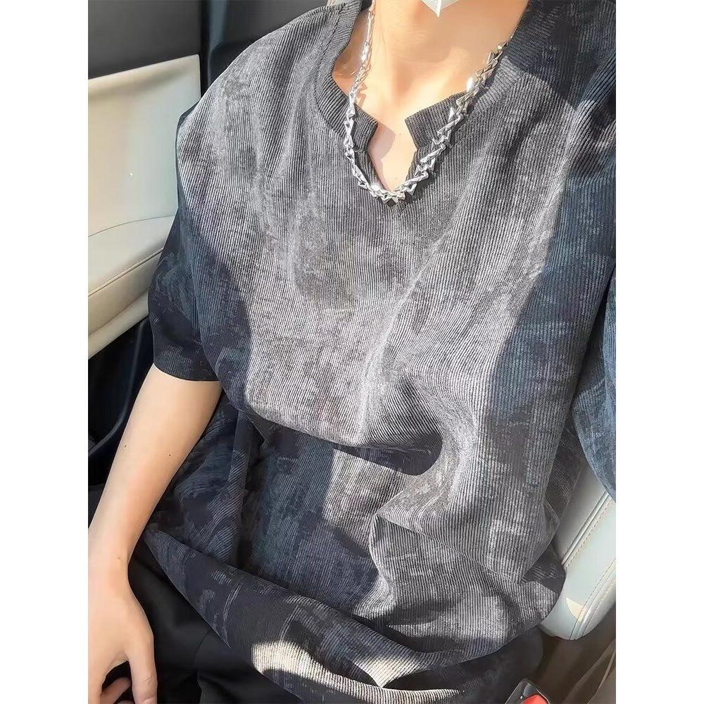 美式复古扎染V领短袖男夏重磅T恤情侣半袖513DX371P25,男装T恤,星座513