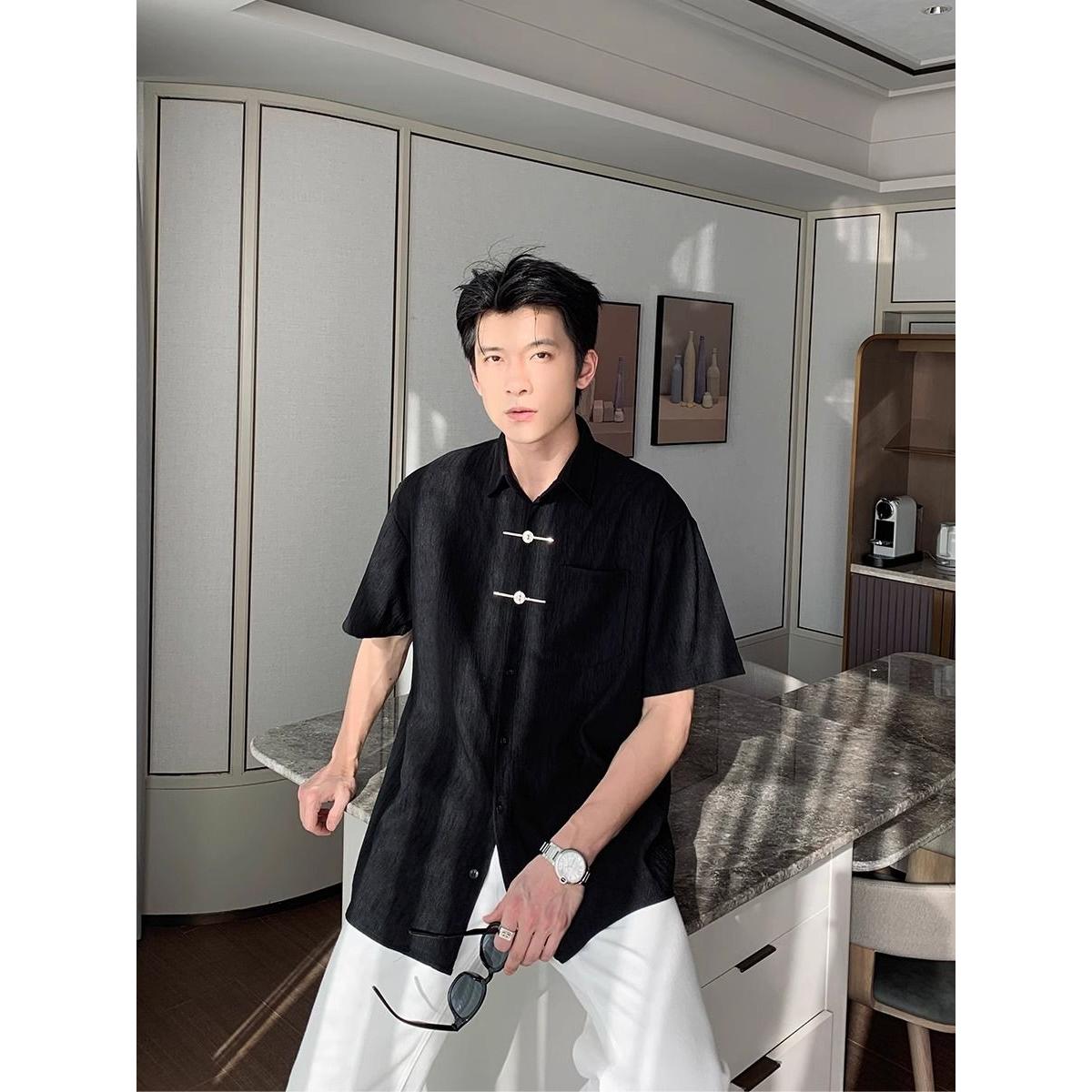 夏季冰丝纯色褶皱短袖衬衫百搭休闲高级感帅气凉感男513DX539P40,男装T恤,星座513