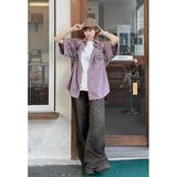 美式復(fù)古紫色顯白短袖襯衫女夏季潮牌中性風(fēng)個性襯衣513DC1702P37，女裝襯衫，星座513