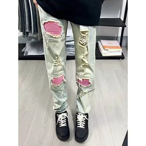 新款膝盖粉色补丁牛仔裤男痞帅黄泥做旧小脚长裤513CK015P40图片