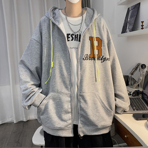 秋季新款植绒印花穿绳时尚宽松男连帽开衫卫衣情侣514-7WY01P65