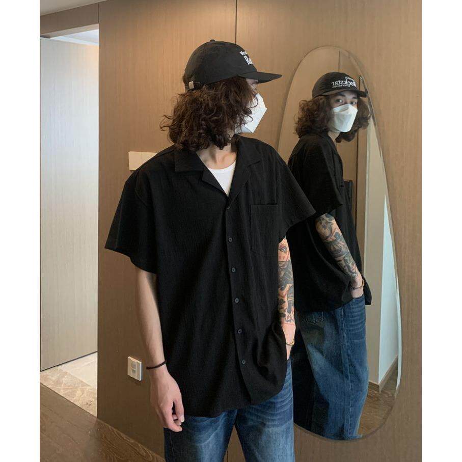 夏日系复古小细纹坑条短袖衬衫男古巴领纯色情侣衬衣513DX1453P33,男装T恤,星座513