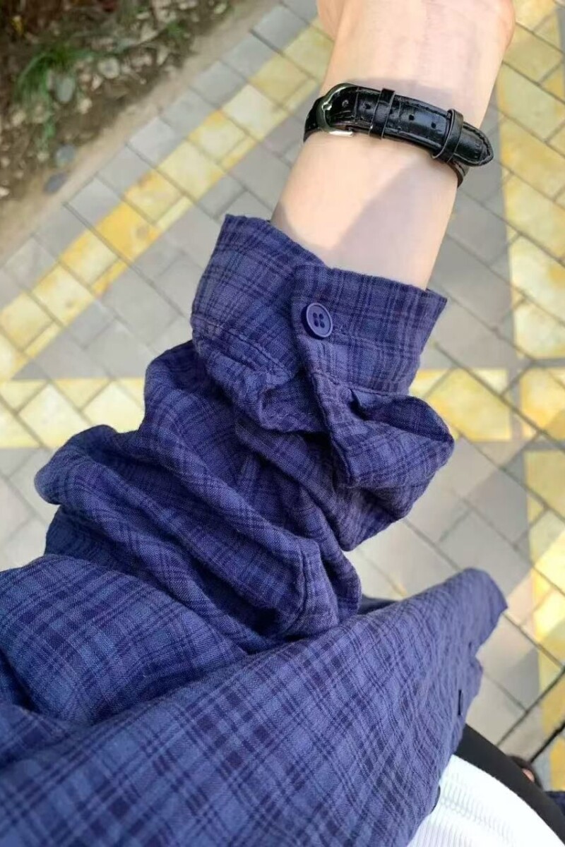 格子衬韩系复古蓝色衫外套女宽松防晒衫长袖衬衣513CX1115P35,男装防晒衣,星座513