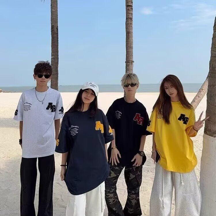 短袖t恤男夏季宽松五分袖红潮流简约印花上衣513DX570P35图片