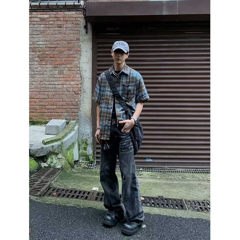 撞色格子短袖衬衫男美式复古街头宽松休闲百搭慵懒风513DX196P28,男装T恤,星座513