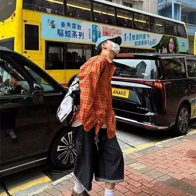 美式复古格纹长袖衬衫男女新宽松休闲防晒情侣外套513CX119P32,男装防晒衣,星座513