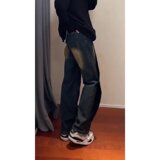 黑色渐变微喇牛仔裤男女款美式高街vibe裤子拼接设计感直筒工装裤，男装牛仔裤，星座513