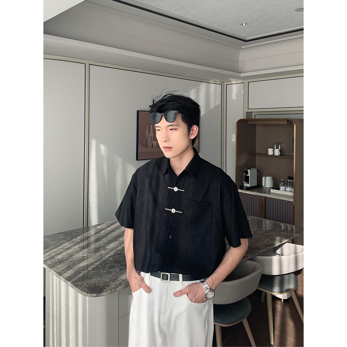 新中式男高级感衬衫男夏薄款短袖潮牌痞帅炸街衬衣513DX114P38,男装T恤,星座513