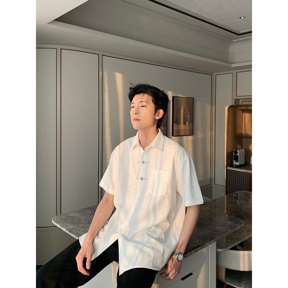 新中式男高级感衬衫男夏薄款短袖潮牌痞帅炸街衬衣513DX114P38,男装T恤,星座513