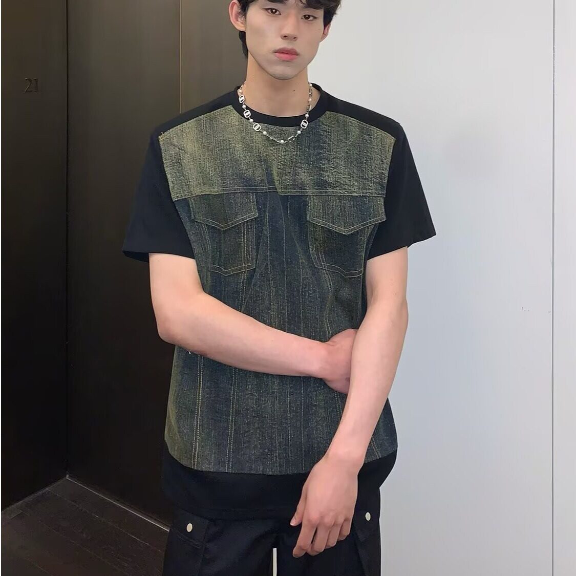 潮牌复古t恤男牛仔拼接短袖男生高级感痞帅垫肩上衣513DX103P45,男装T恤,星座513