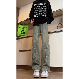 水洗弯刀牛仔裤美式高街男夏小众提档高腰直筒裤513CK027P48图片