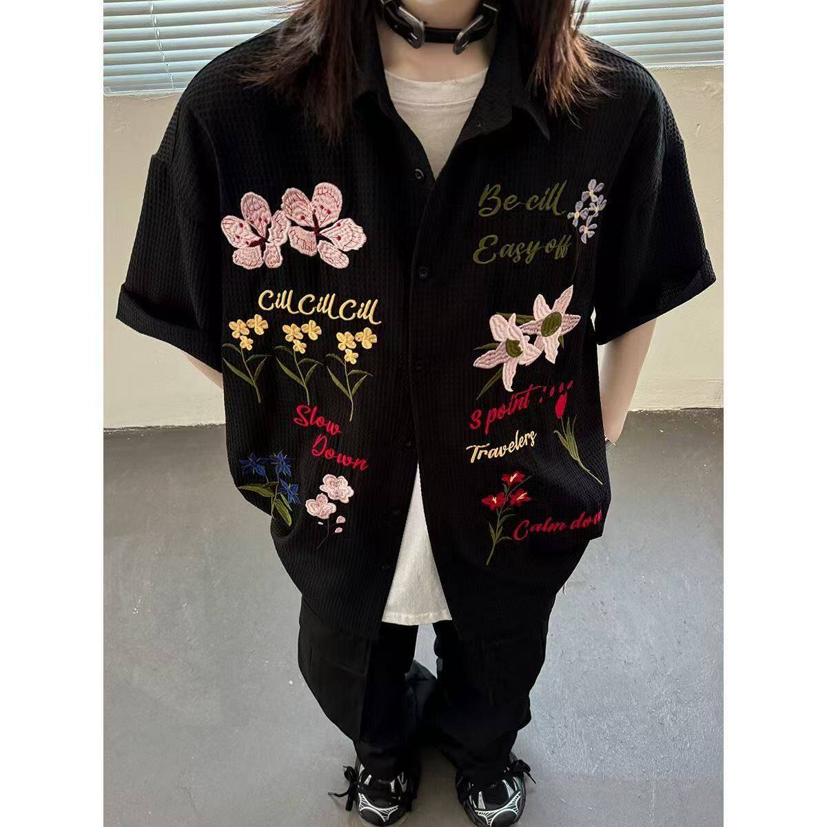 彩色花卉短袖男女华夫格重工刺绣衬衫夏季新款衬衣513DC1696P40,女装衬衫,星座513