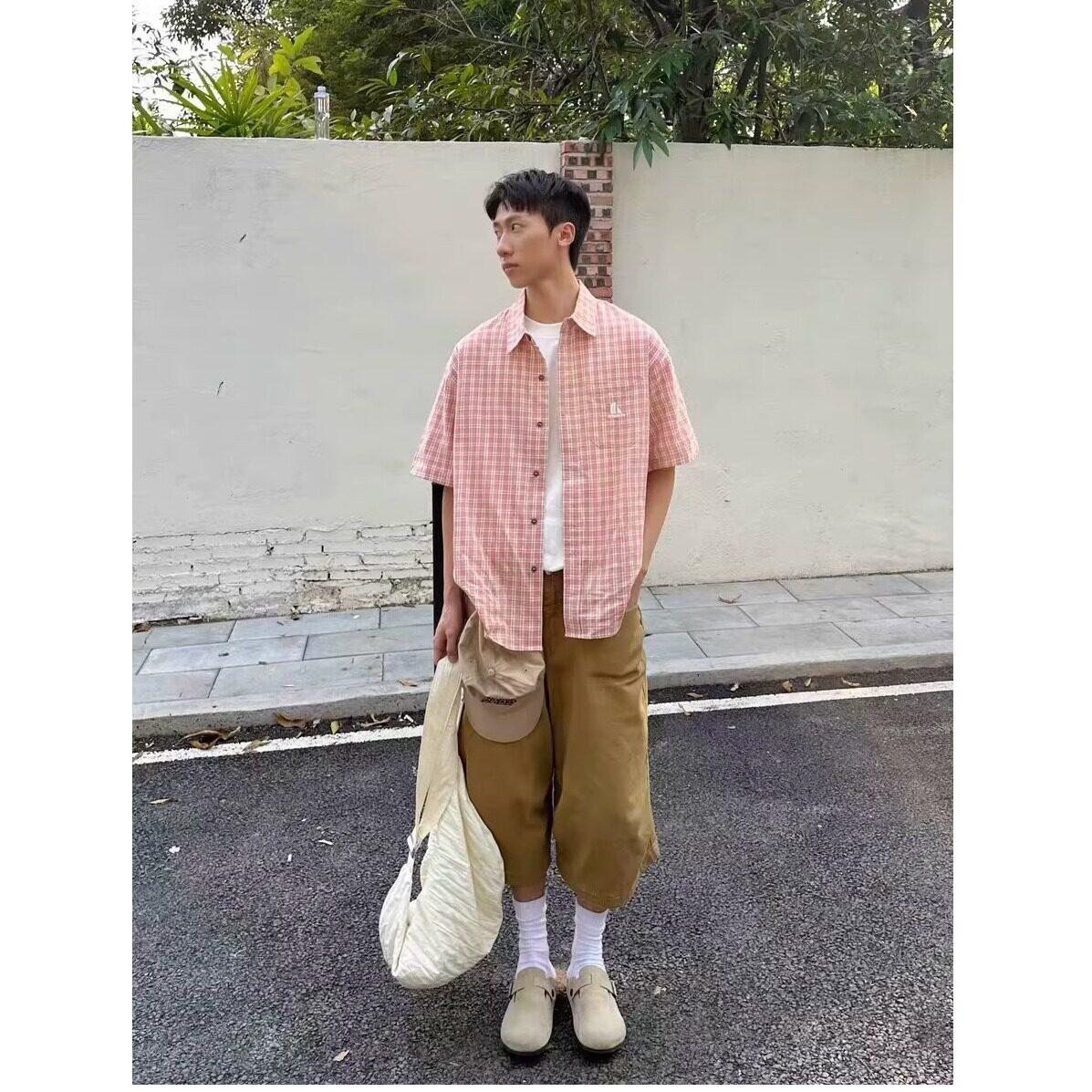 美式潮牌刺绣l格子短袖衬衫男夏情侣宽松百搭衬衣513DX102P37,男装T恤,星座513