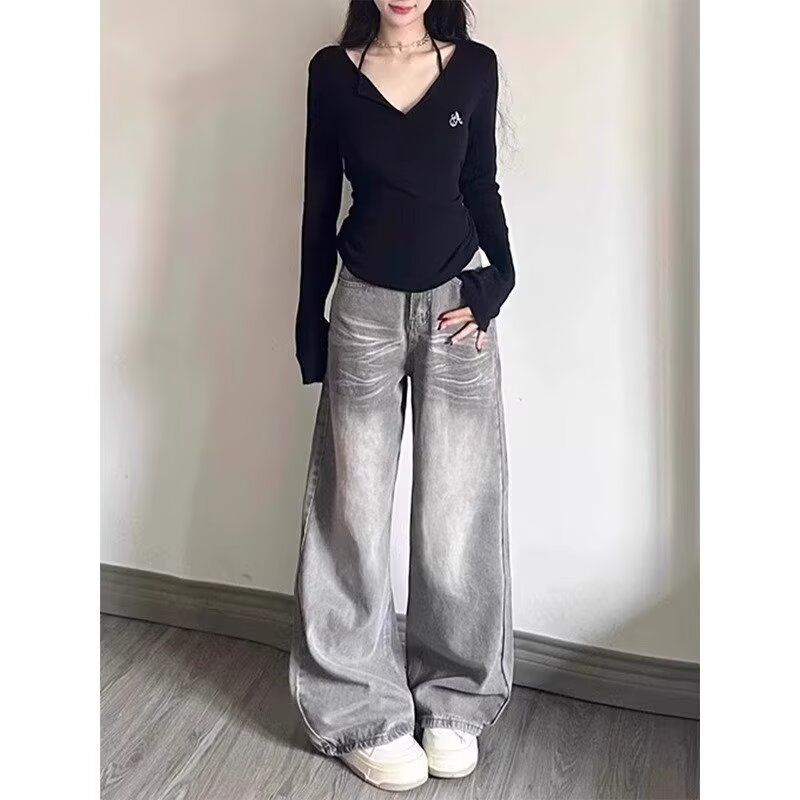 男女同款水洗做旧扎染潮流微喇宽松休闲直筒垂感长裤513CK173P40图片