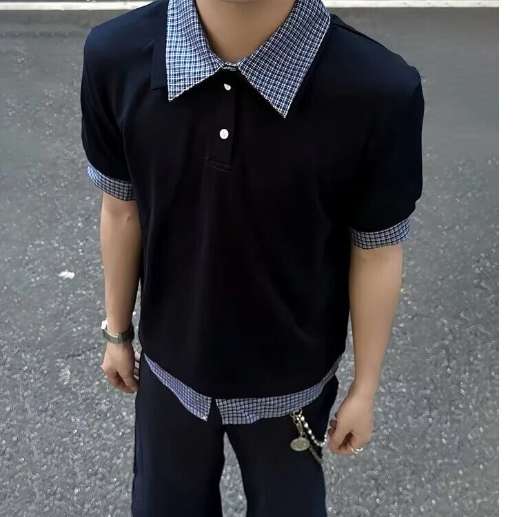 格子翻领假两件拼接短袖上衣夏装短袖t恤女半袖513PL101P35,男装Polo衫,星座513