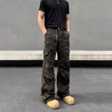 GENIOLAMODE美式复古迷彩工装裤男秋季设计感宽松直筒阔腿休闲裤，男装牛仔裤，星座513