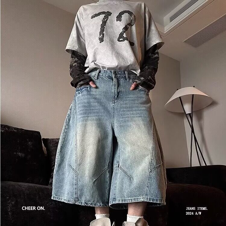 美式复古弯刀牛仔七分裤男宽松阔腿街头痞帅直筒中裤513DK107P42,男装牛仔裤,星座513