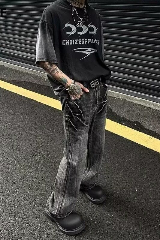 复古白色泼墨扎染高街口袋显瘦宽松牛仔裤男工装裤513CK236P37,男装牛仔裤,星座513