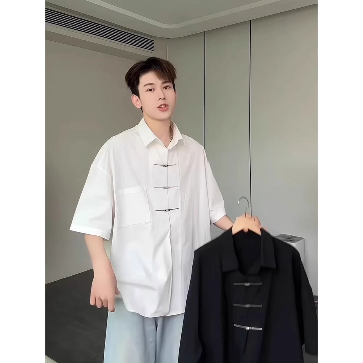 新中式男装风金属扣短袖衬衫男衬衣薄款外套513DC1619P35,女装衬衫,星座513
