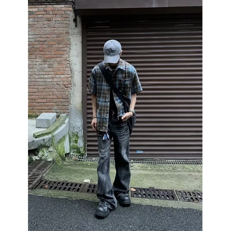 撞色格子短袖衬衫男美式复古街头宽松休闲百搭慵懒风513DX196P28,男装T恤,星座513