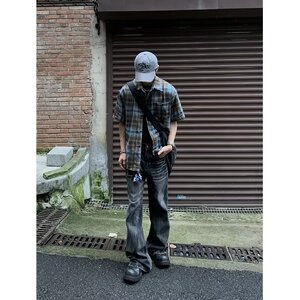 撞色格子短袖衬衫男美式复古街头宽松休闲百搭慵懒风513DX196P28图片