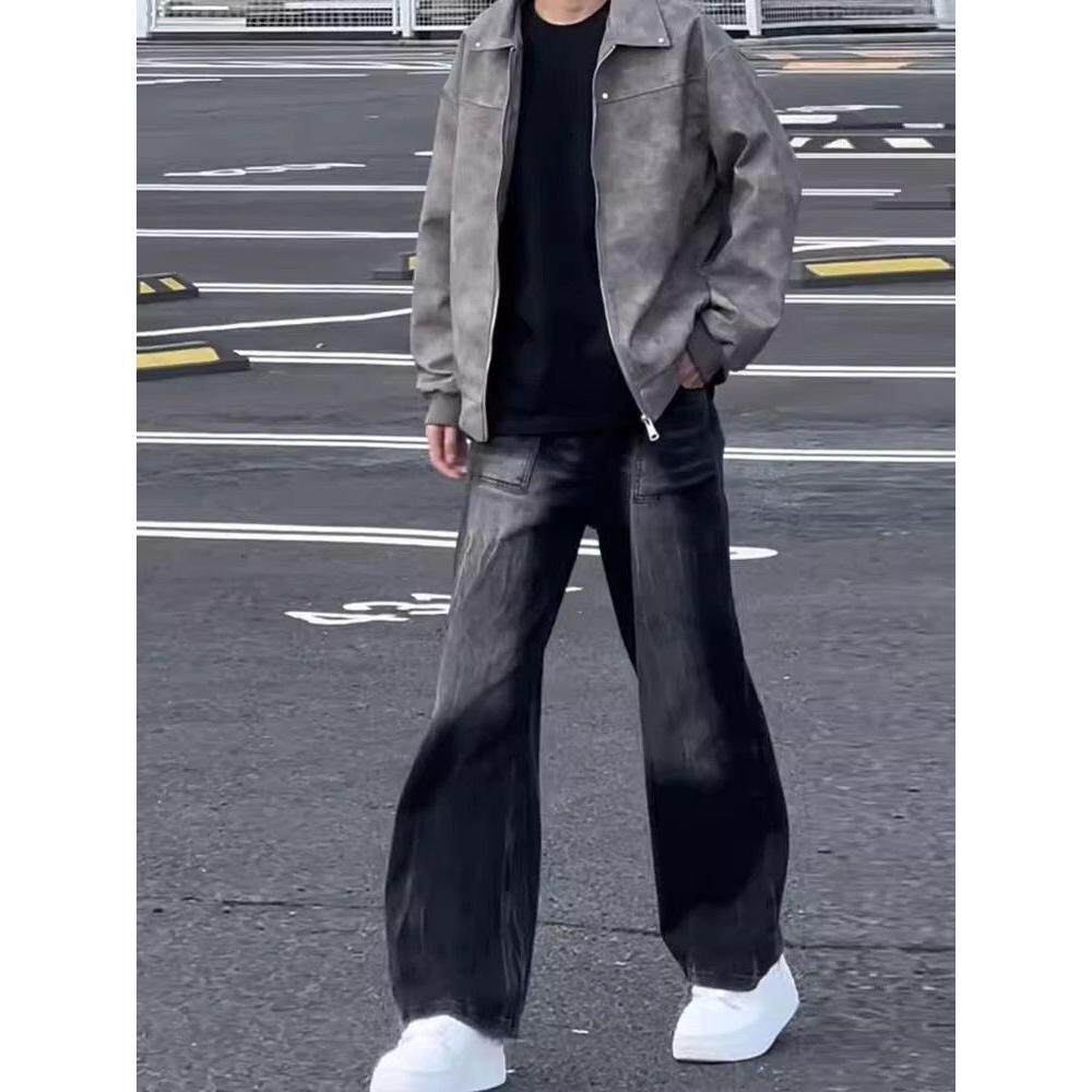 黑灰色渐变牛仔裤男美式复古阔腿微喇长裤高个子痞帅炸街直筒裤子,男装牛仔裤,星座513