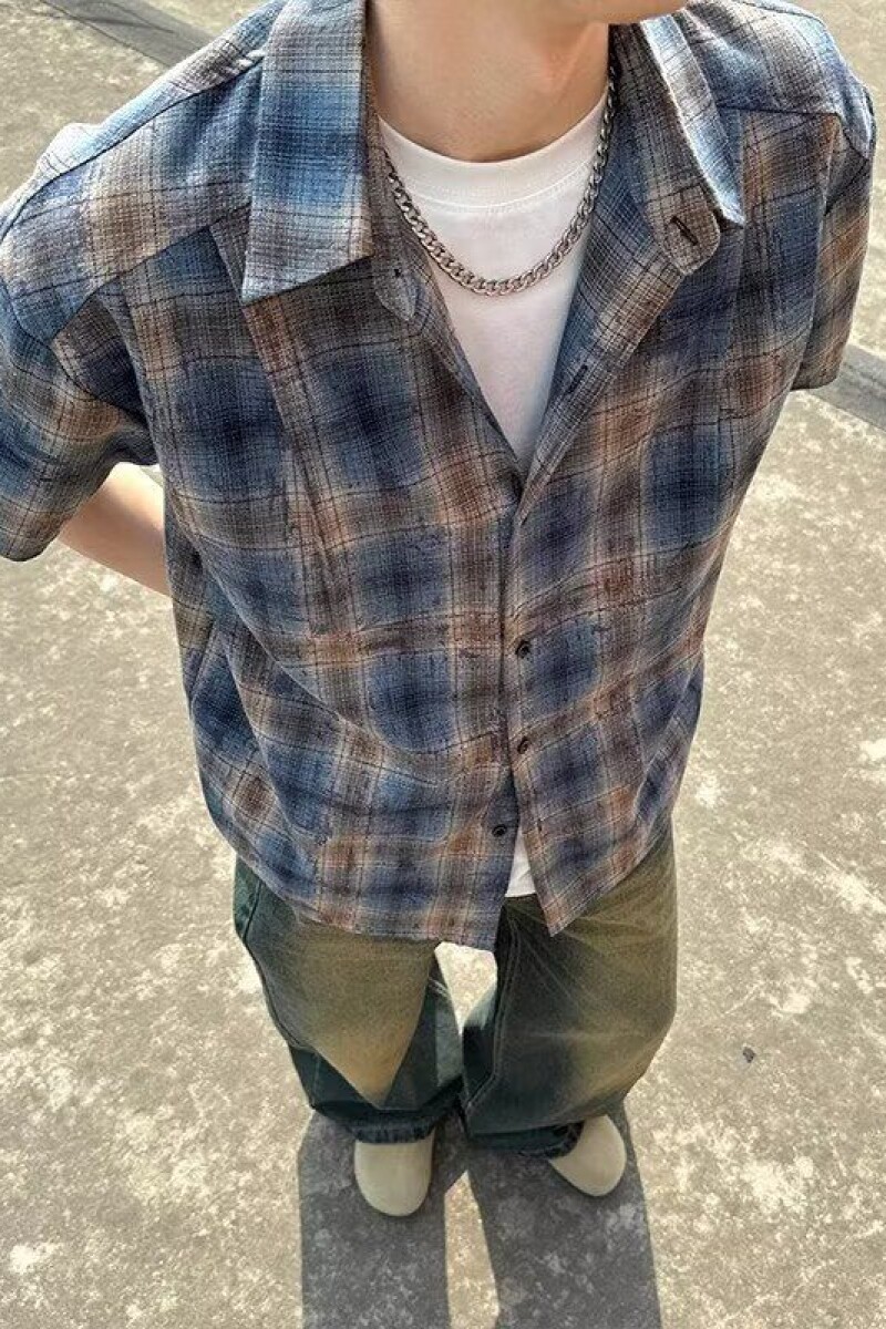扎染脏脏格子衬衫男生短袖夏季美式复古松弛感潮流帅气高街衬衣服,男装衬衫,星座513
