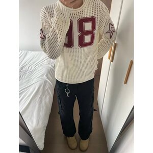 美式复古镂空针织罩衫男女新款数字提花宽松球衣513CX126P37图片