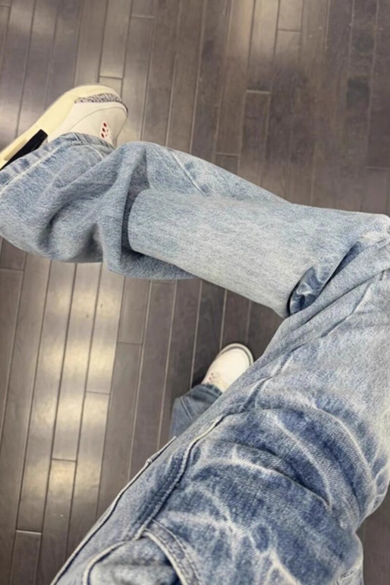 美式闪电扎花弯刀牛仔裤男夏季潮牌提档宽松vibe直筒阔腿微喇裤子,女装牛仔裤,星座513