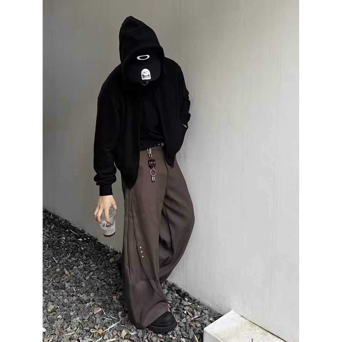 黑色铆钉弯刀西裤男款cleanfit垂感高级感裤子小众直筒宽松阔腿裤,男装休闲裤,星座513