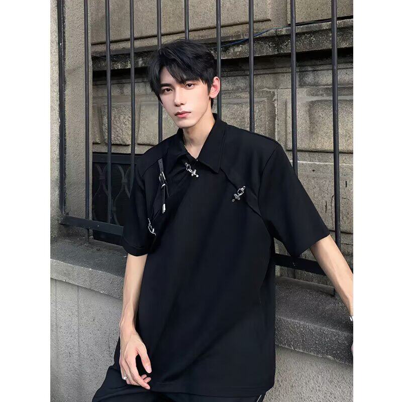 小众解构飞机扣皮带拼接polo衫男夏高级感宽松短袖T恤PL976P42,男装Polo衫,星座513