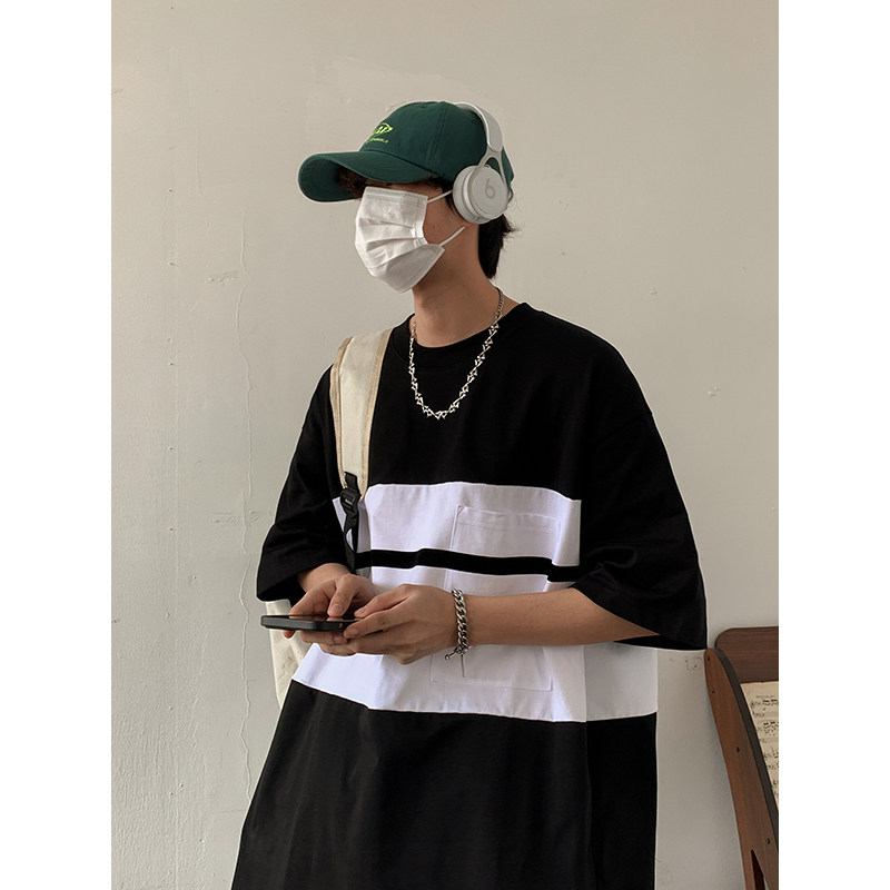 夏新款简约潮流韩版情侣圆领拼接印花短袖T恤男2308P40514-7,男装T恤,星座513