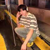 夏季重磅美式复古条纹情侣短袖t恤男撞色宽松上衣513DX1150P37，男装T恤，星座513
