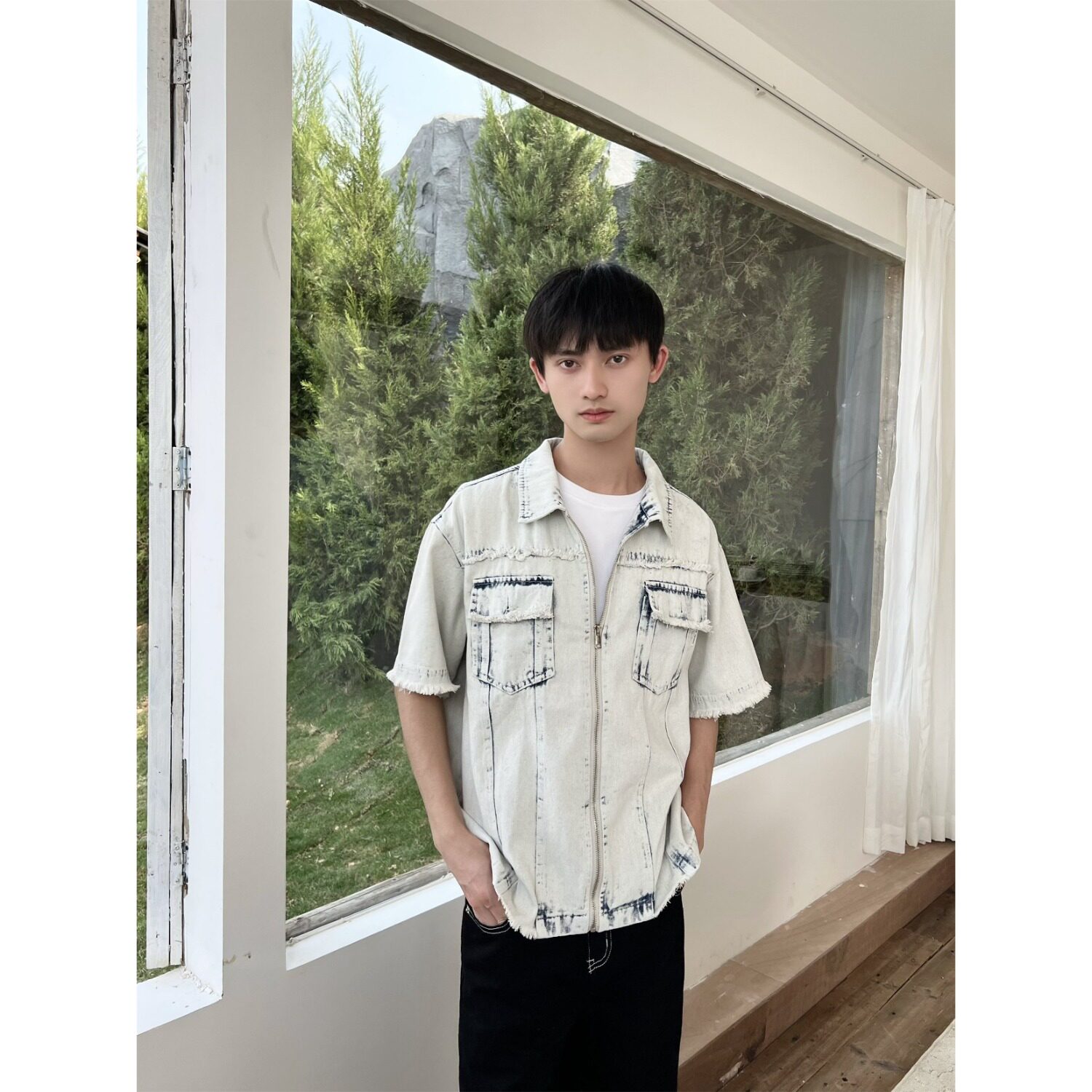 浅蓝色西部牛仔短袖衬衫男夏季美式高街正肩半袖户外轻薄防晒衬衣,男装工装外套,星座513