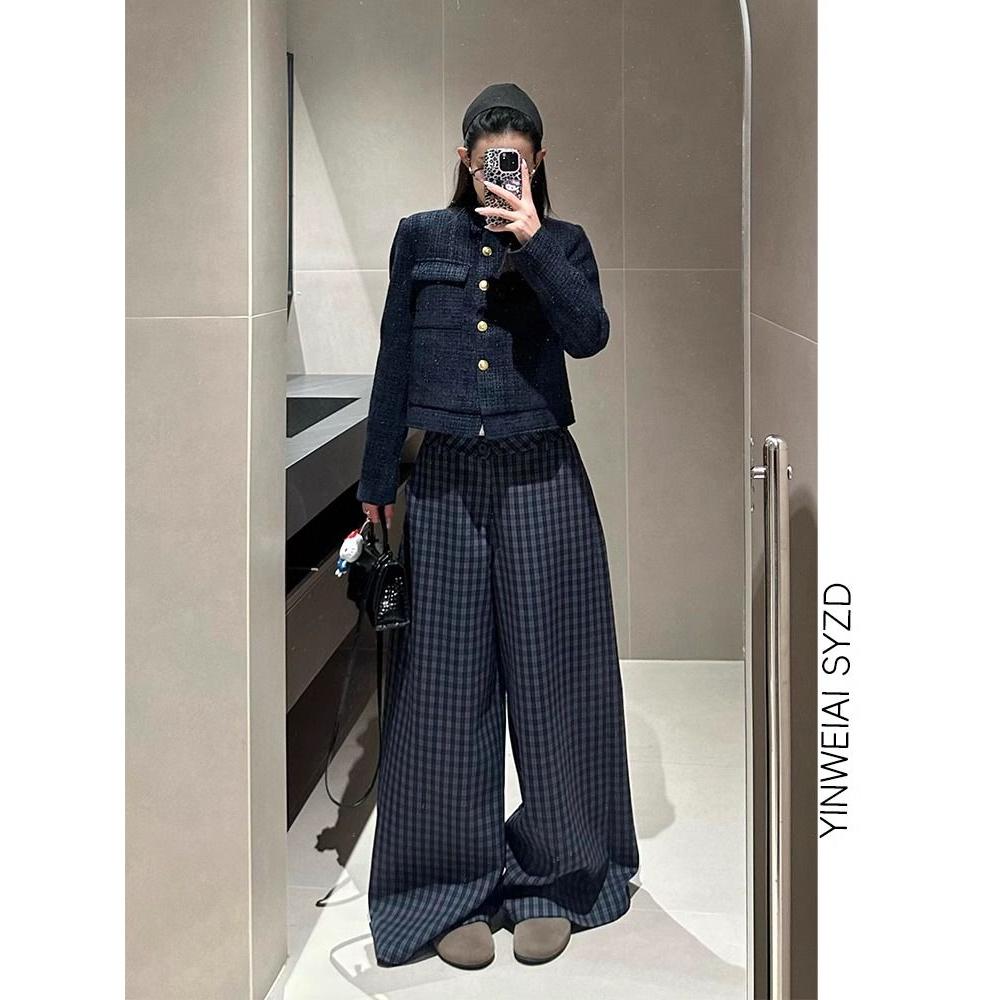 复古格子山本裤女夏新款高腰休闲慵懒垂感阔腿裤513CK1561P43,女装休闲裤,星座513