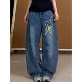 美式复古阔腿牛仔裤女新款涂鸦彩绘显瘦印花拖地裤513CK1491P55，女装牛仔裤，星座513