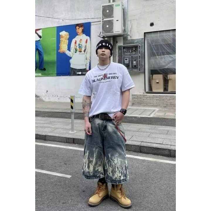 美式街头闪电纹扎花七分牛仔裤男女过膝直筒短裤513DKJ241P39,男装牛仔裤,星座513