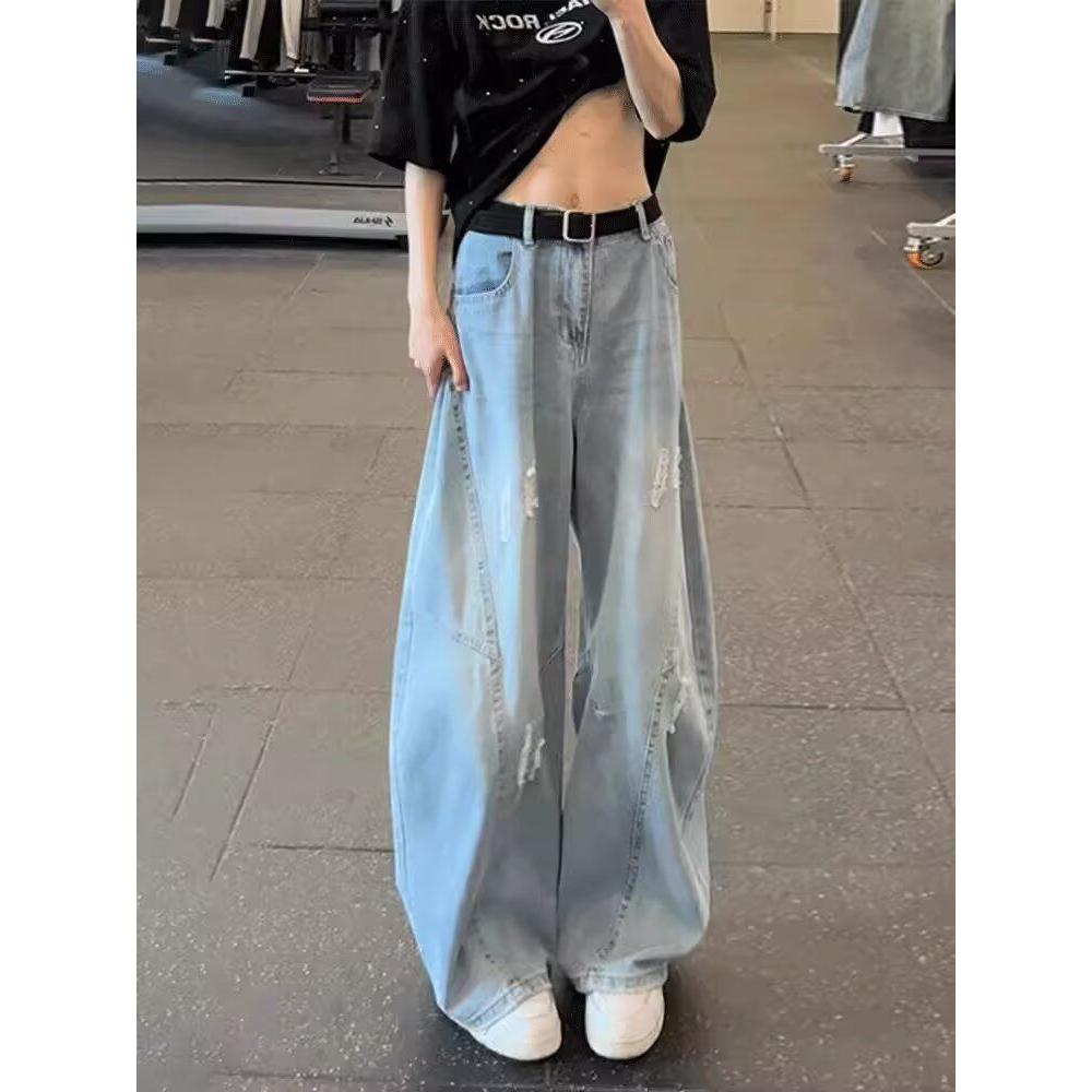 美式复古破洞阔腿牛仔裤女宽松水洗做旧裤镰刀裤513CK1572特P49，女装牛仔裤，星座513