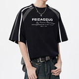 美式条纹拼接重磅短袖t恤男新款宽松百搭机车服半袖513DX711P28，男装T恤，星座513