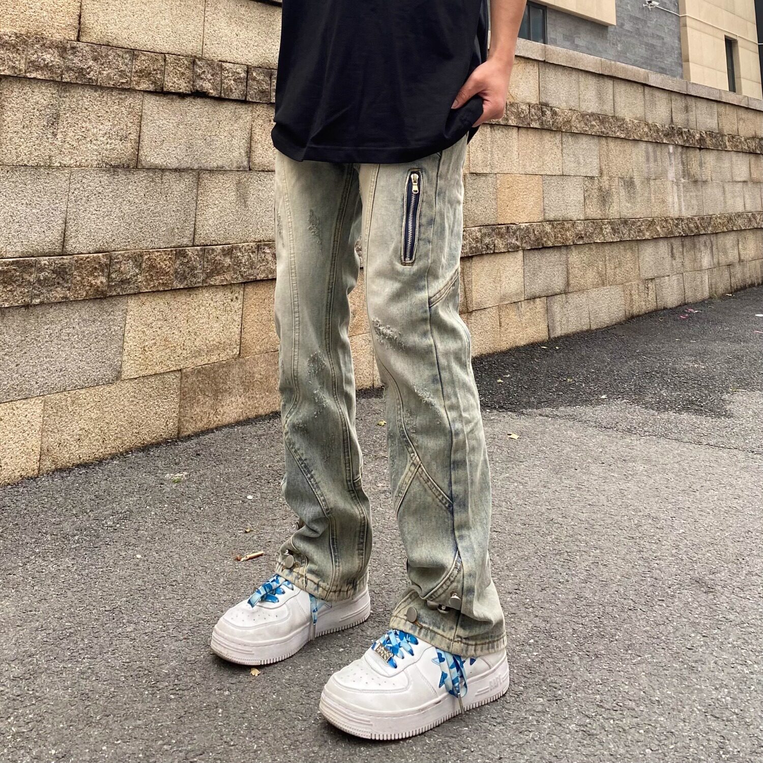 美式高街风水洗做旧黄泥染排扣牛仔裤潮直筒拉链长裤513CK157P45,男装牛仔裤,星座513