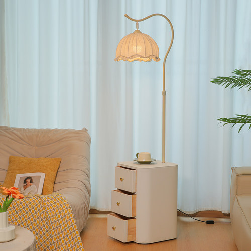 奶油风落地灯客厅沙发边置物一体卧室床头柜高级感实木装饰氛围灯