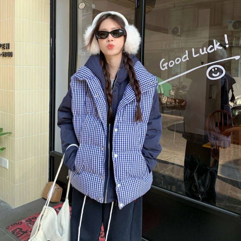 韩系高级感蓝色格子棉衣马甲女冬季新款加厚面包棉袄外套现货款,女装/女士精品,棉衣/棉服,淘宝优惠券,粉丝福利购,淘宝优惠卷