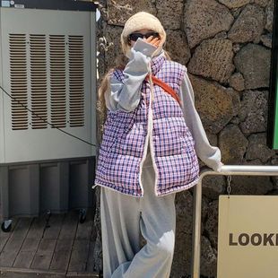 格纹小个子两面穿羊羔毛马甲女款2025冬季韩版时尚外套现货款棉服