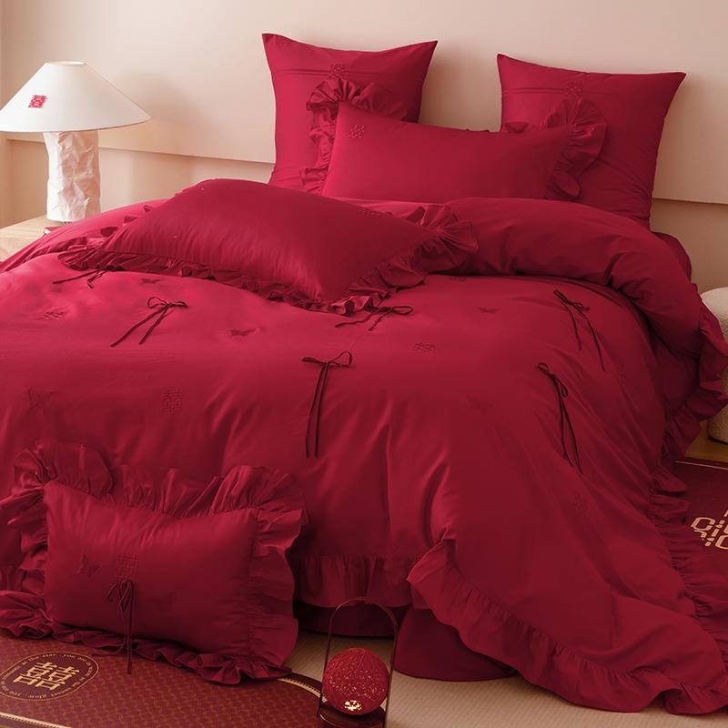 新婚长绒棉结婚全棉四件套少女心结婚蝴蝶结纯棉被套床单陪嫁床品