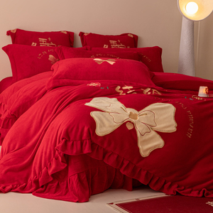 花边蝴蝶结牛奶绒四件套结婚红色加厚保暖珊瑚绒新婚庆床品秋冬季