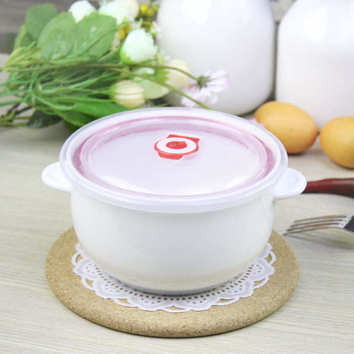 纯白色双耳手柄陶瓷便当碗保鲜碗