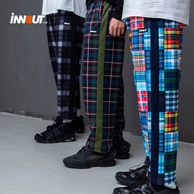 INNOUT格纹松紧格子慵懒风休闲运动秋复古针织棉直筒感宽松长裤男