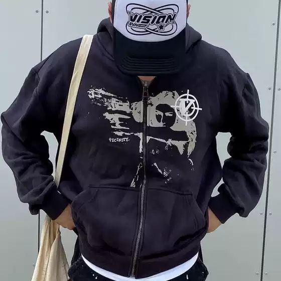 Zipper! Coat2024 European and American Trendy Zip-Up Sweatshirt Retro Hoodie Jacket