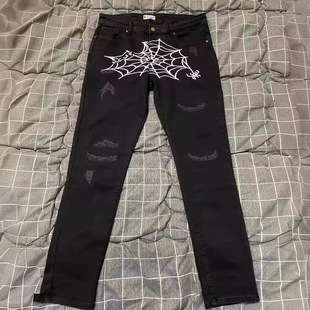 子 Spiderweb jeans美式 print Y2K嘻哈蜘蛛网设计感牛仔裤 休闲长裤