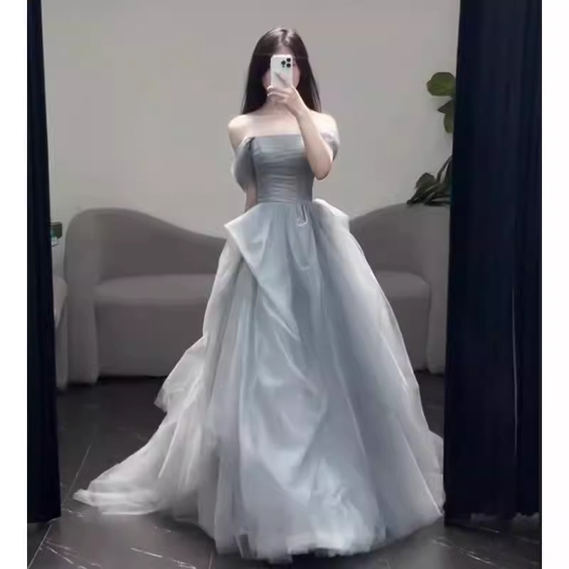 一字肩成人礼高中生主持毕业礼服图片